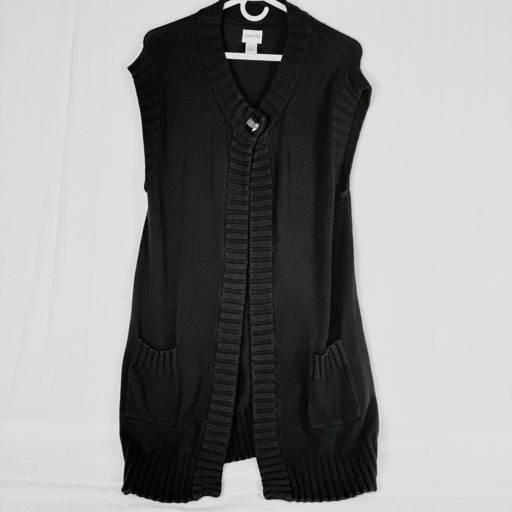 Chico's Women's Size 2  Long Open Front Cardigan Sweater Duster Black Bamboo